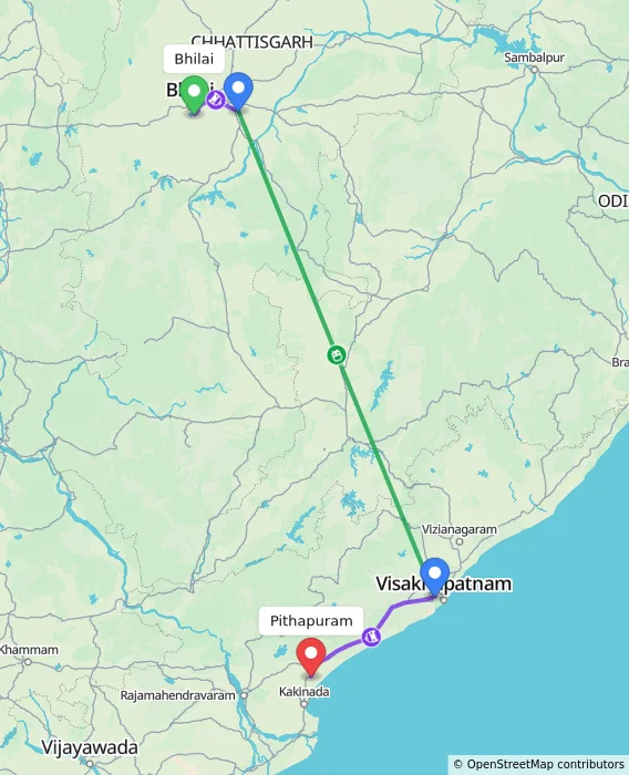 Route map showing distance and travel time from Bhilai, India to Pithapuram, India