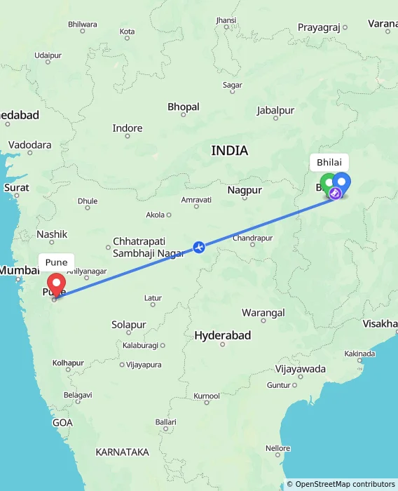 Route map showing distance and travel time from Bhilai, India to Pune, India