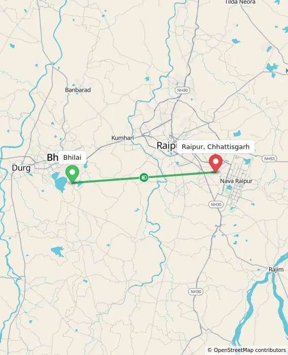 Route map showing distance and travel time from Bhilai, India to Raipur, Chhattisgarh, India