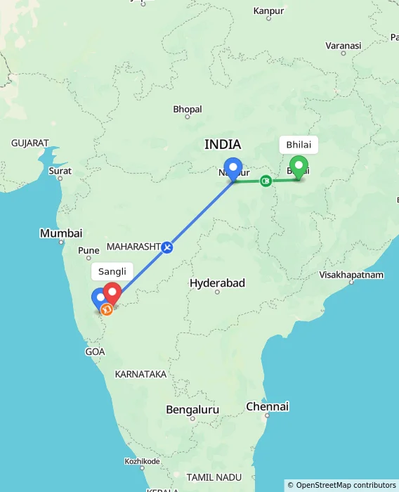 Route map showing distance and travel time from Bhilai, India to Sangli, India