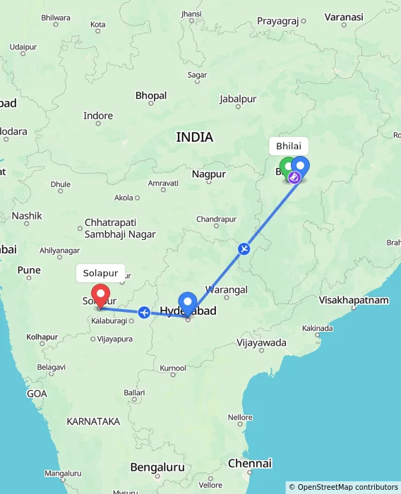 Route map showing distance and travel time from Bhilai, India to Solapur, India