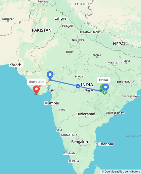 Route map showing distance and travel time from Bhilai, India to Somnath, India