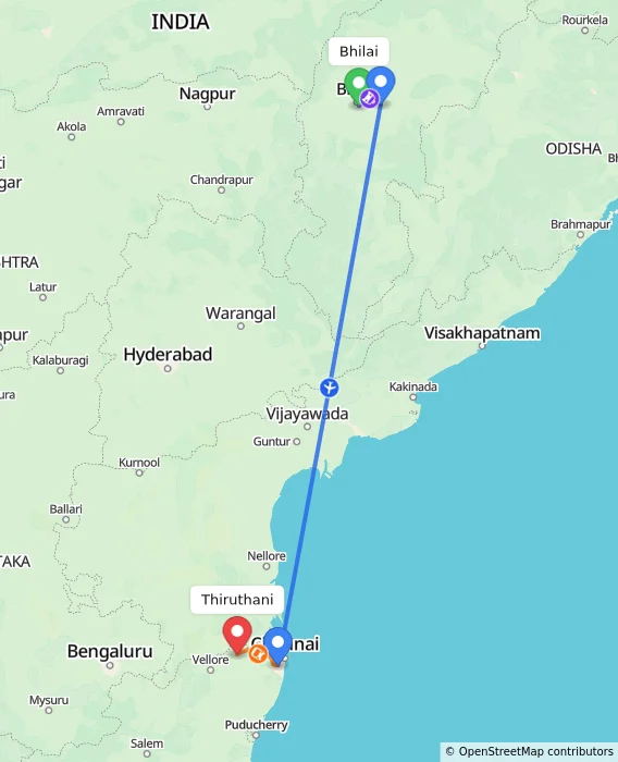 Route map showing distance and travel time from Bhilai, India to Thiruthani, India