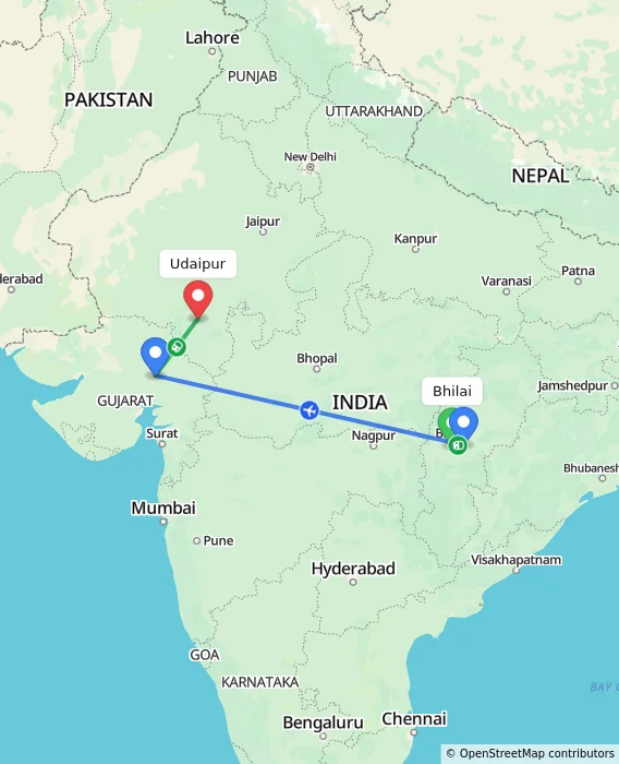 Route map showing distance and travel time from Bhilai, India to Udaipur, India