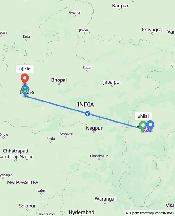 Route map showing distance and travel time from Bhilai, India to Ujjain, India