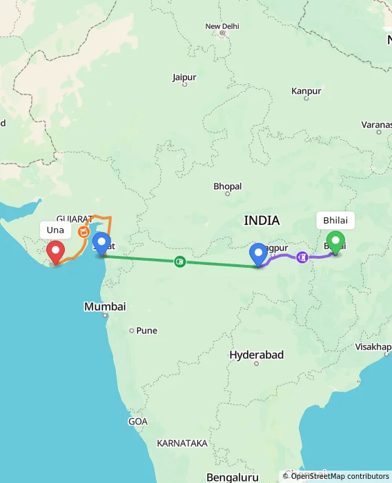 Route map showing distance and travel time from Bhilai, India to Una, India