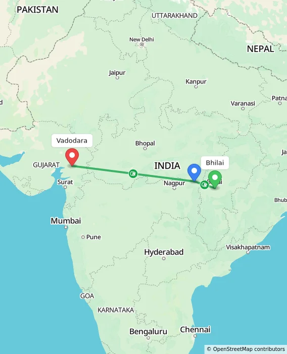 Route map showing distance and travel time from Bhilai, India to Vadodara, India