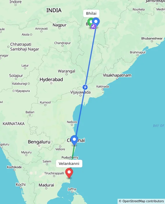 Route map showing distance and travel time from Bhilai, India to Velankanni, India