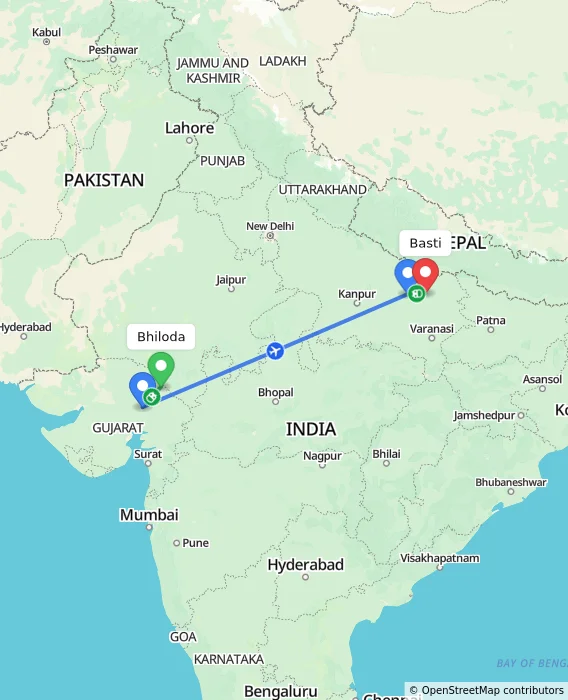 Route map showing distance and travel time from Bhiloda, India to Basti, India