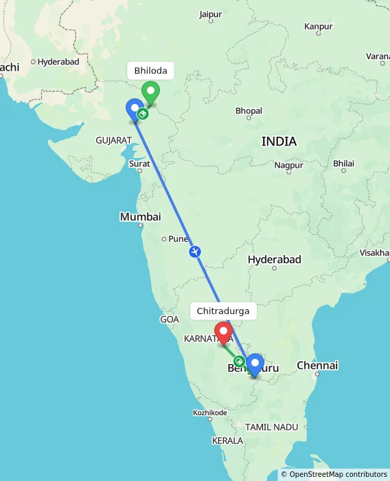 Route map showing distance and travel time from Bhiloda, India to Chitradurga, India