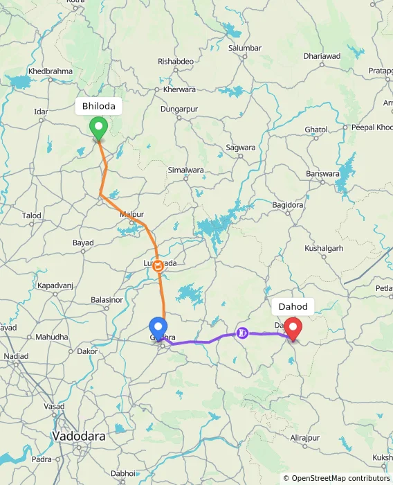 Route map showing distance and travel time from Bhiloda, India to Dahod, India