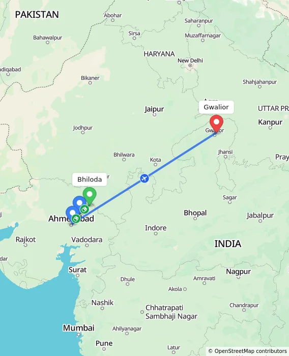 Route map showing distance and travel time from Bhiloda, India to Gwalior, India