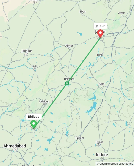 Route map showing distance and travel time from Bhiloda, India to Jaipur, India