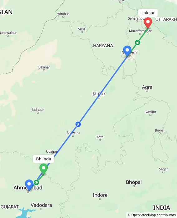 Route map showing distance and travel time from Bhiloda, India to Laksar, India