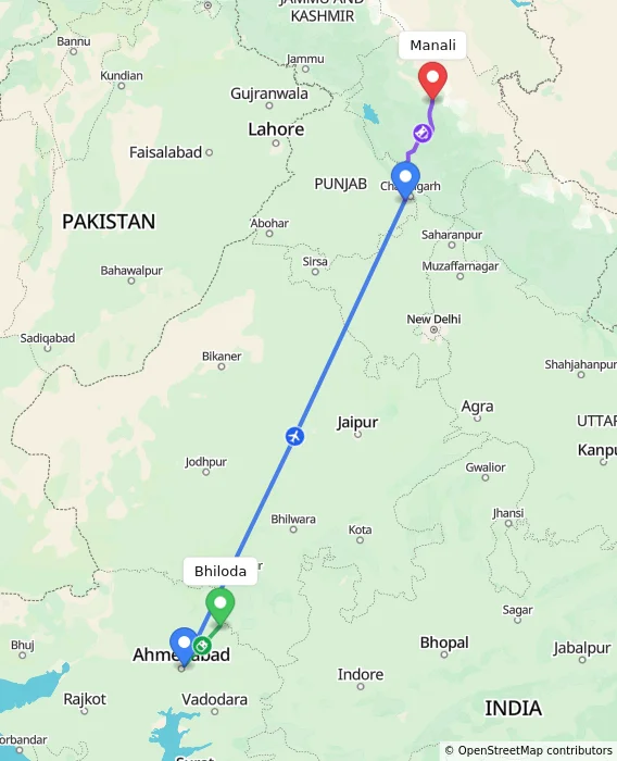 Route map showing distance and travel time from Bhiloda, India to Manali, India