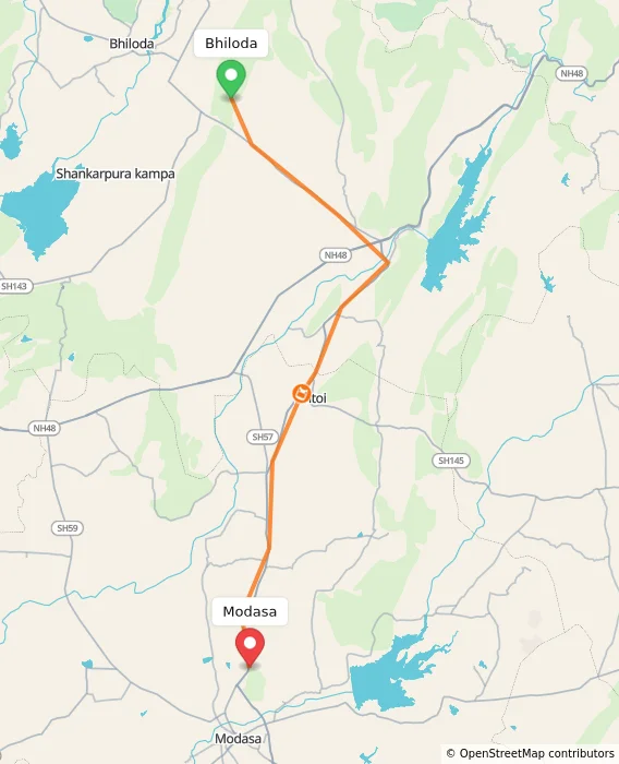 Route map showing distance and travel time from Bhiloda, India to Modasa, India