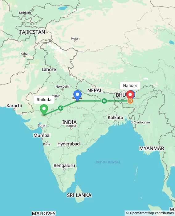 Route map showing distance and travel time from Bhiloda, India to Nalbari, India