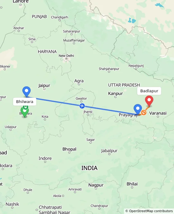 Route map showing distance and travel time from Bhilwara, India to Badlapur, India