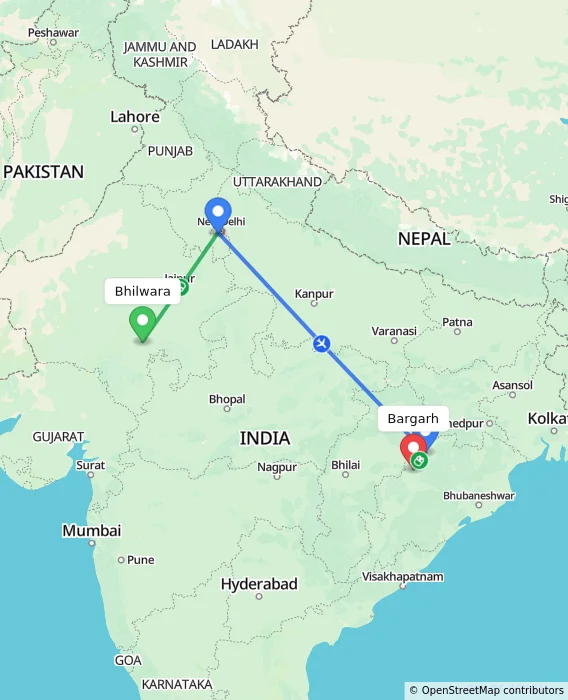 Route map showing distance and travel time from Bhilwara, India to Bargarh, India