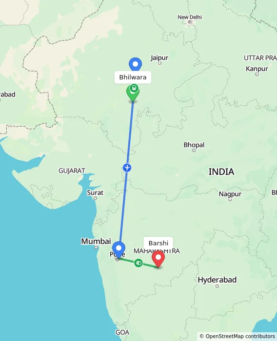 Route map showing distance and travel time from Bhilwara, India to Barshi, India