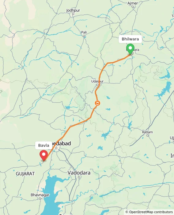 Route map showing distance and travel time from Bhilwara, India to Bavla, India