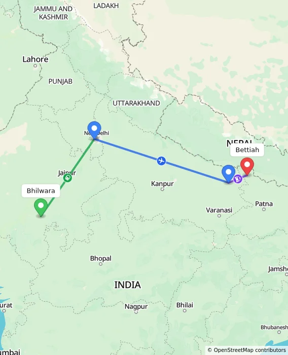 Route map showing distance and travel time from Bhilwara, India to Bettiah, India