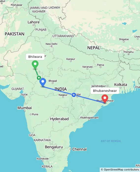 Route map showing distance and travel time from Bhilwara, India to Bhubaneshwar, India