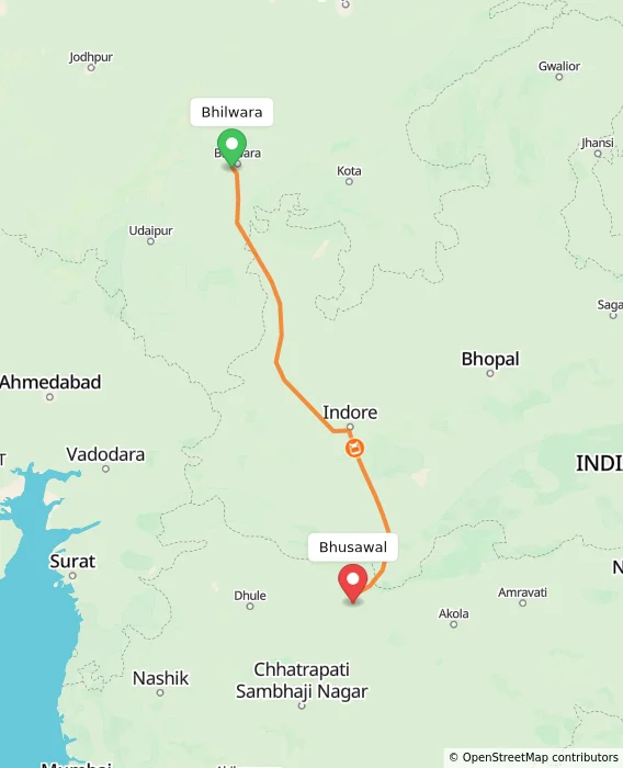 Route map showing distance and travel time from Bhilwara, India to Bhusawal, India