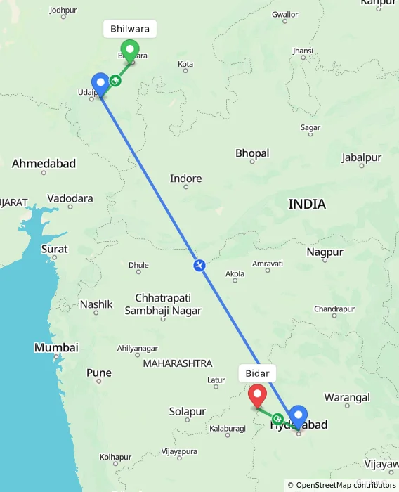 Route map showing distance and travel time from Bhilwara, India to Bidar, India