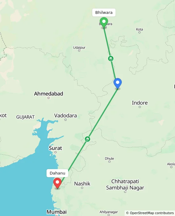 Route map showing distance and travel time from Bhilwara, India to Dahanu, India