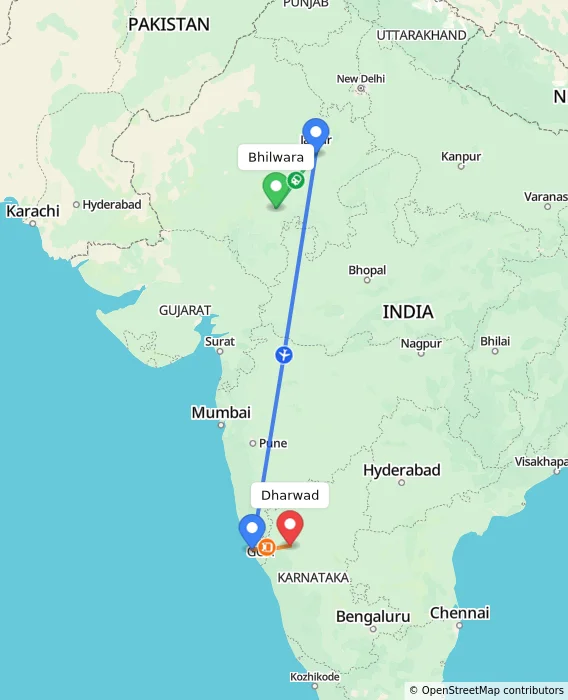 Route map showing distance and travel time from Bhilwara, India to Dharwad, India