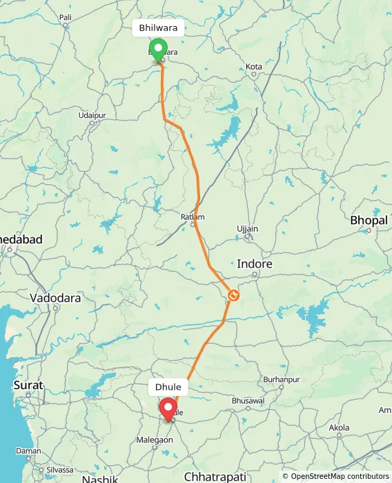 Route map showing distance and travel time from Bhilwara, India to Dhule, India