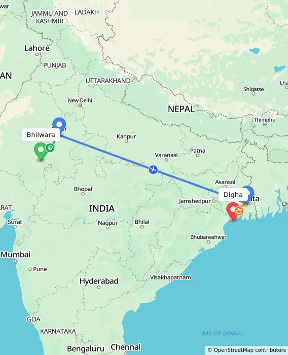 Route map showing distance and travel time from Bhilwara, India to Digha, India