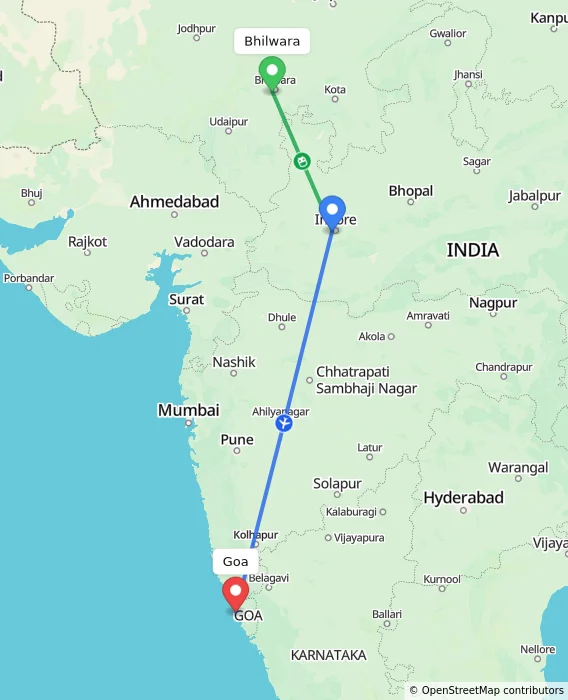 Route map showing distance and travel time from Bhilwara, India to Goa, India