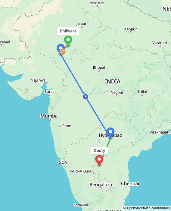 Route map showing distance and travel time from Bhilwara, India to Gooty, India