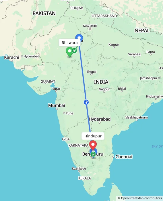 Route map showing distance and travel time from Bhilwara, India to Hindupur, India