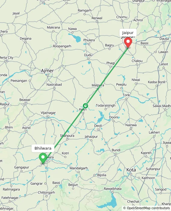 Route map showing distance and travel time from Bhilwara, India to Jaipur, India
