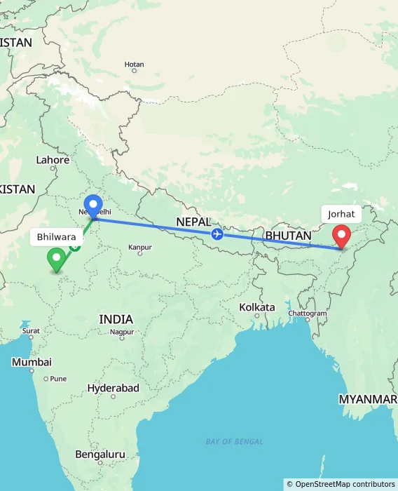 Route map showing distance and travel time from Bhilwara, India to Jorhat, India