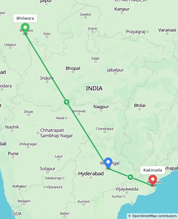 Route map showing distance and travel time from Bhilwara, India to Kakinada, India