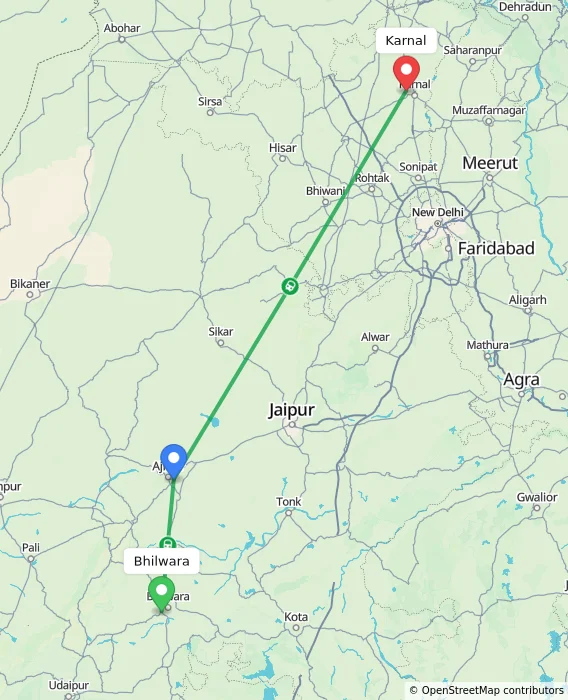 Route map showing distance and travel time from Bhilwara, India to Karnal, India