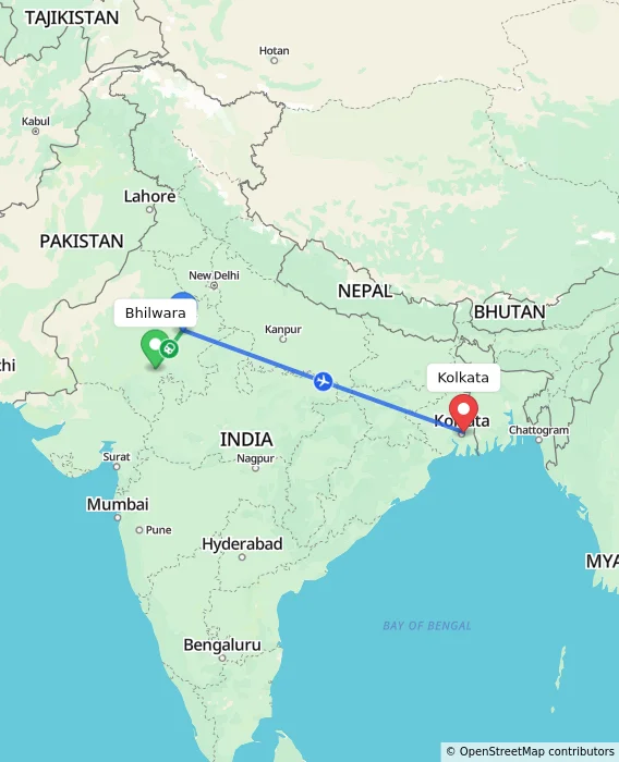 Route map showing distance and travel time from Bhilwara, India to Kolkata, India