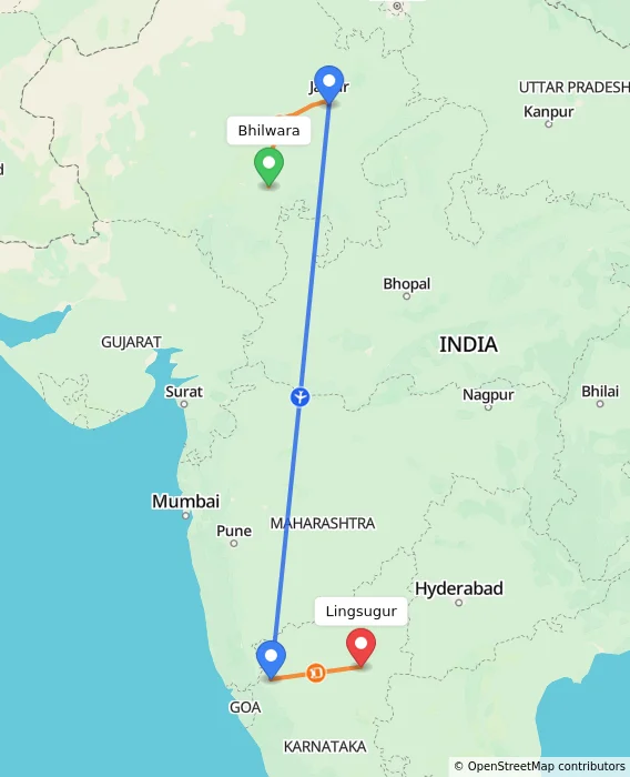 Route map showing distance and travel time from Bhilwara, India to Lingsugur, India