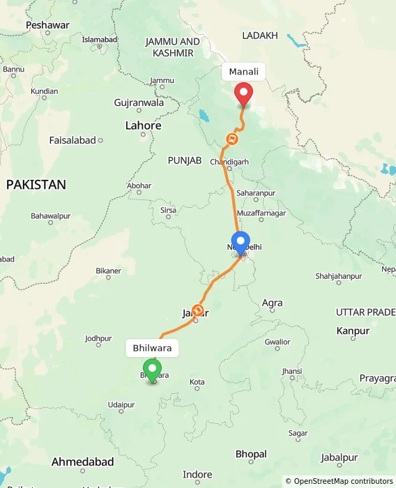 Route map showing distance and travel time from Bhilwara, India to Manali, India