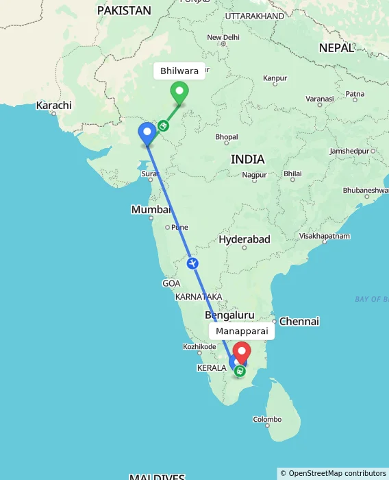 Route map showing distance and travel time from Bhilwara, India to Manapparai, India