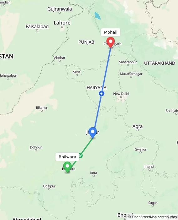 Route map showing distance and travel time from Bhilwara, India to Mohali, India