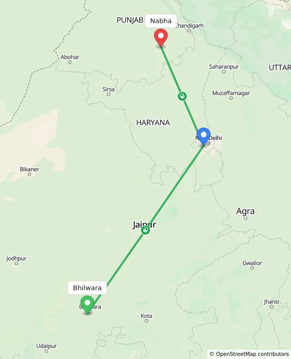 Route map showing distance and travel time from Bhilwara, India to Nabha, India