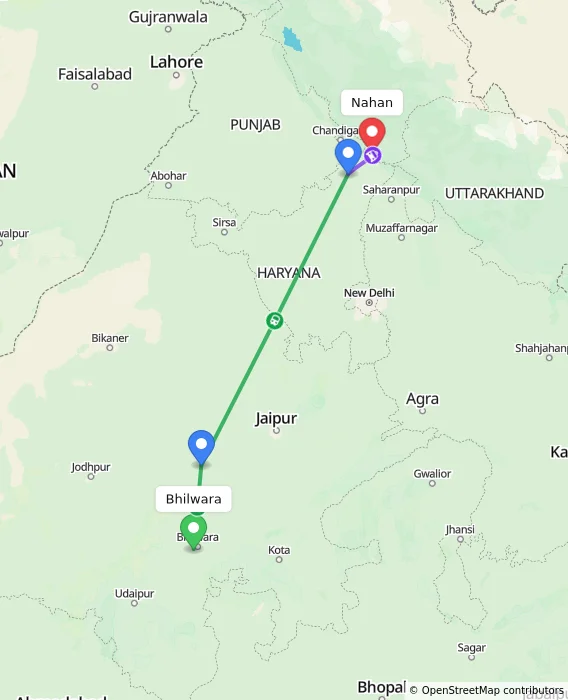 Route map showing distance and travel time from Bhilwara, India to Nahan, India