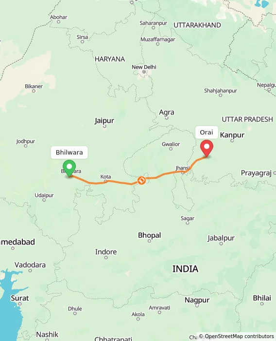 Route map showing distance and travel time from Bhilwara, India to Orai, India