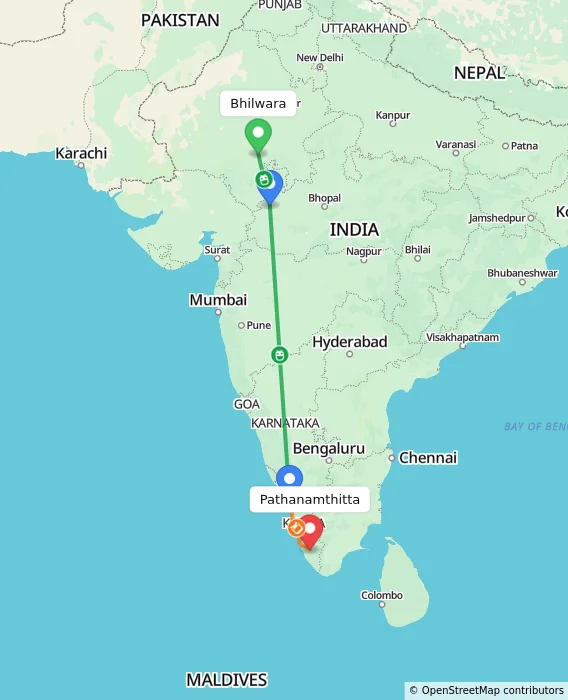 Route map showing distance and travel time from Bhilwara, India to Pathanamthitta, India