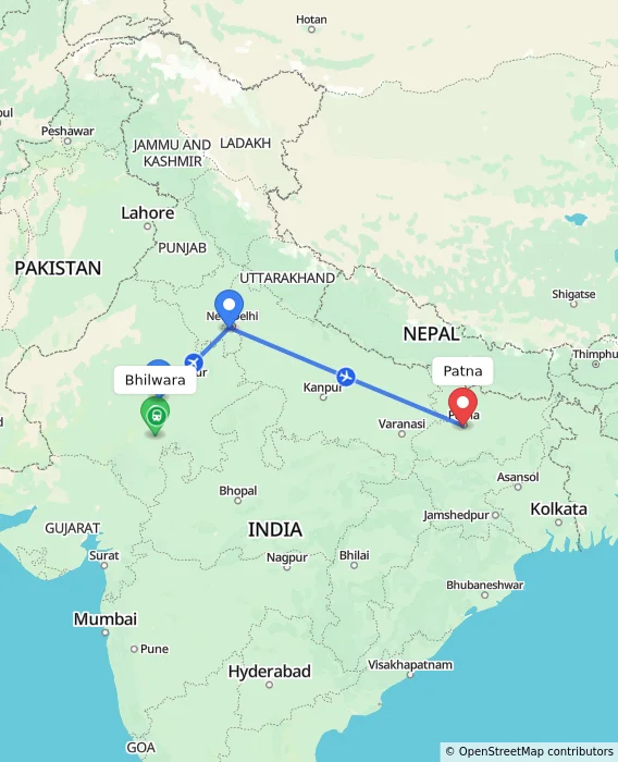 Route map showing distance and travel time from Bhilwara, India to Patna, India